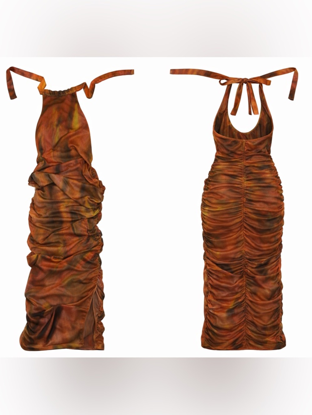 PrettyLittleThing Ruched Mesh Tie Dye Halter Maxi Dress Orange Brown Yellow US 0